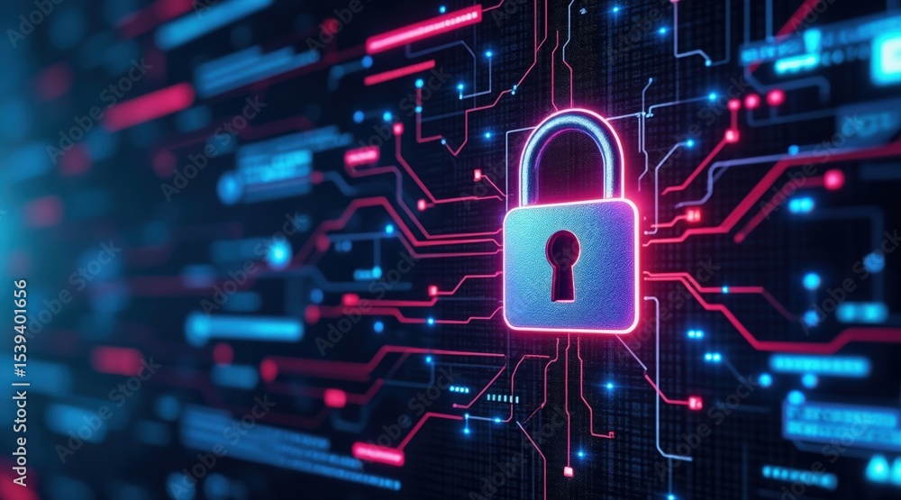 Poster cyber privacy rights concept. digital lock symbolizing cybersecurity and data protection.