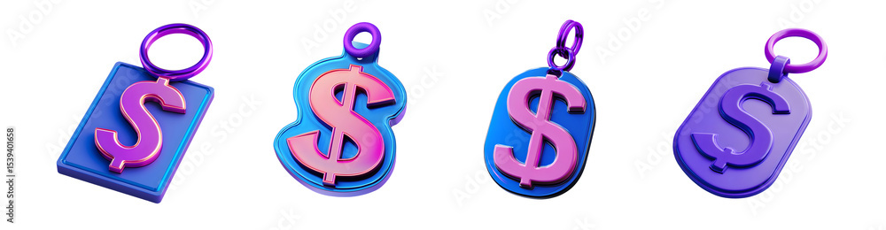 Poster set of three-dimensional dollar sign keychains in various vibrant hues. isolated on transparent back