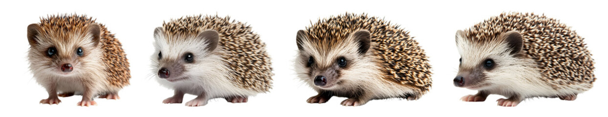 Obraz premium Row Of Four Hedgehogs With Varied Coat Colors And Patterns Are Side By Side On A Transparent Background