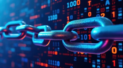 Naklejka premium cyber privacy rights concept. Digital chain links against a backdrop of binary code.