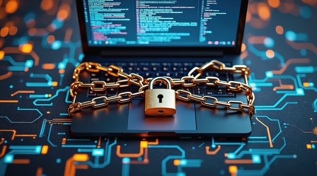 cyber privacy rights concept. Cybersecurity concept with a locked laptop and digital background. - Powered by Adobe