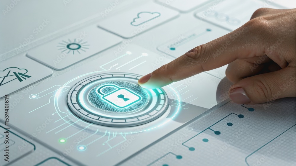 Poster cyber privacy rights concept. interactive digital security interface with a finger pressing a lock i