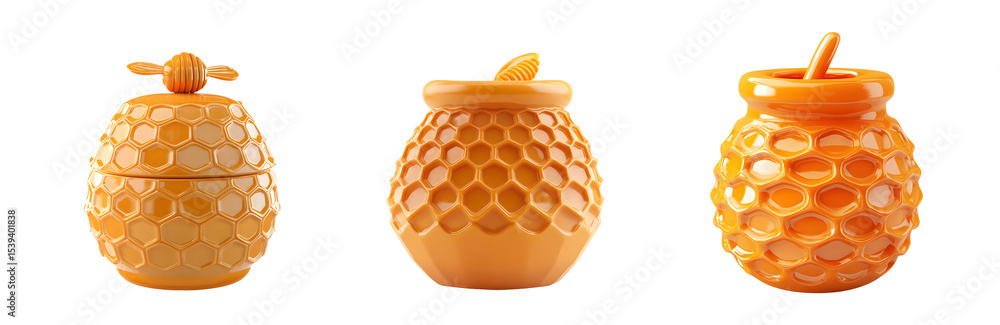 Poster set of three honey-themed ceramic containers with a honeycomb pattern. isolated on transparent backg