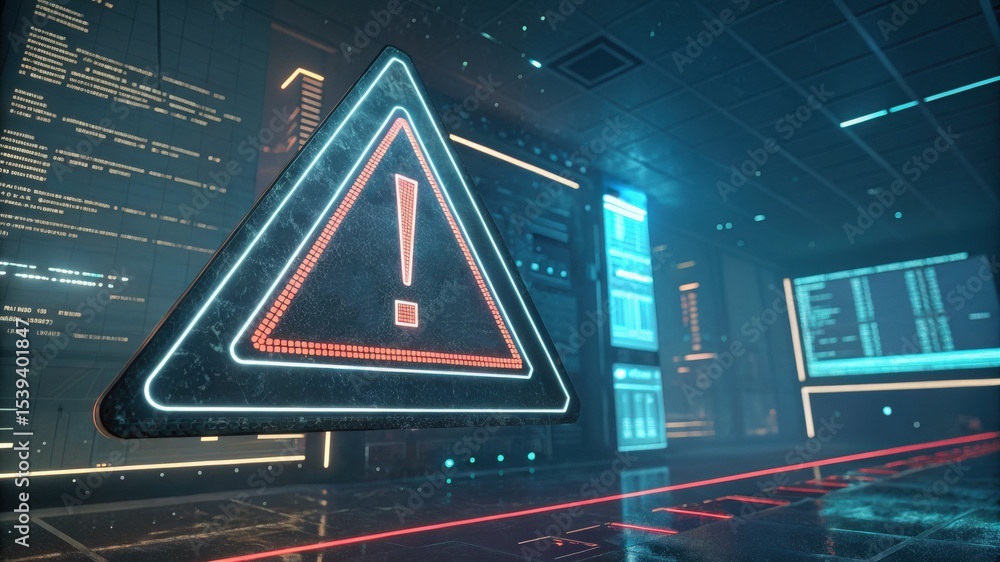 Poster cyber privacy rights concept. futuristic interface with alert symbol and data screens.