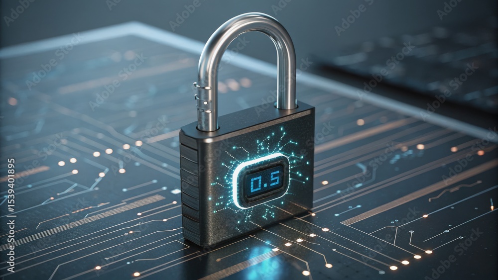 Poster cyber privacy rights concept. digital padlock on a circuit board representing cybersecurity concepts