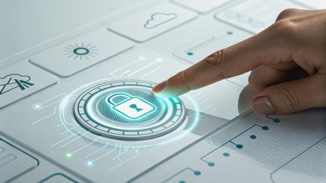 cyber privacy rights concept. Interactive digital security interface with a finger pressing a lock icon.