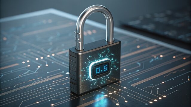 cyber privacy rights concept. Digital padlock on a circuit board representing cybersecurity concepts.