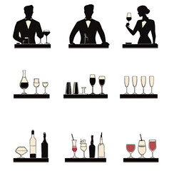Illustration of bartenders showcasing various drinks and cocktail glasses.