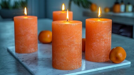 Abstract blur contemporary interior bathroom in blue color background with white marble table with aroma candles  