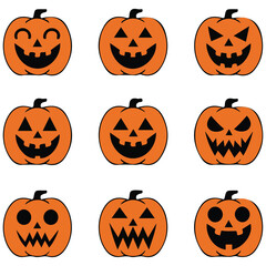 funny halloween stickers with orange faces isolated vector illustration on white background