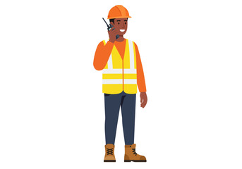 Construction worker in hard hat and safety vest holding a walkietalkie