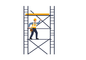 Construction worker on scaffolding wearing hard hat and safety vest