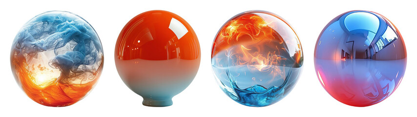 Four glossy orbs display smoke fluid gradients and a reflective hallway against a black backdrop transparent background