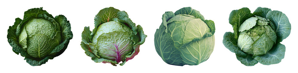 Four Cabbages Including Savoy And Green Varieties Arranged Side By Side On A Transparent Background Ready To Isolate