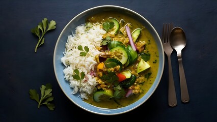 Delicious vegan curry with rice, garnished with fresh herbs and vegetables