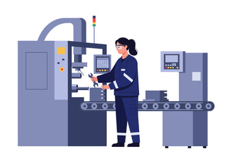 Factory worker uses a wrench on a machine on a conveyor belt
