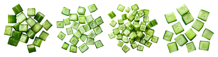 Four Piles Of Fresh Green Diced Cucumber Pieces On A Transparent Background Show Varying Densities And Arrangements