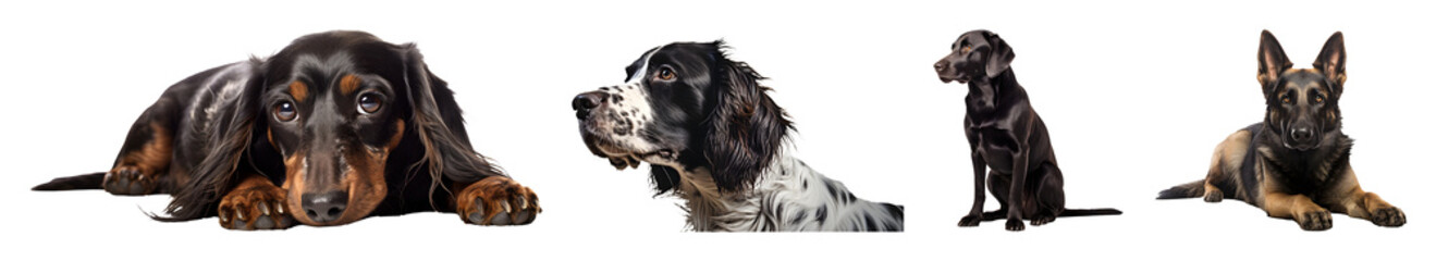 Four different dog breeds Dachshund Springer Spaniel Labrador Retriever and German Shepherd in a horizontal composition