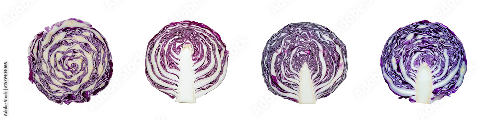 Poster set of close-up view of four slices of red cabbage. isolated on transparent background