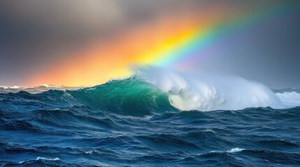 Fototapeta premium Dramatic ocean waves crashing, rainbow arc over stormy seas