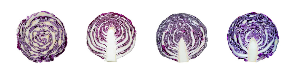 Obraz premium set of Close-up view of four slices of red cabbage. isolated on transparent background