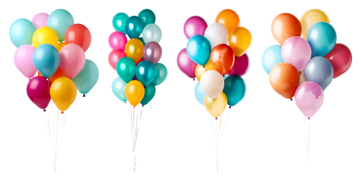 Four bunches of inflated colorful balloons on thin strings against a black backdrop providing elements to isolate with