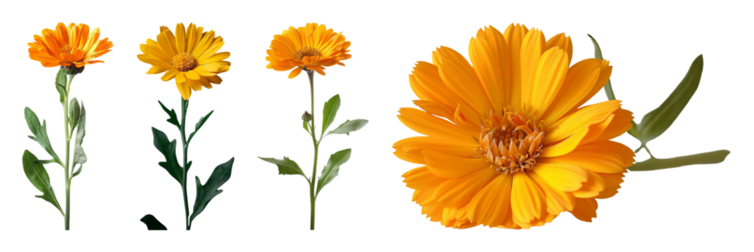 Four calendula officinalis flowers with stems and leaves are presented one is a close up of bloom