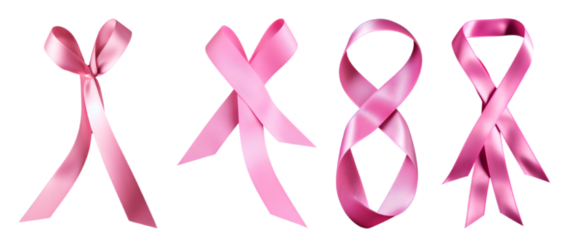 Four pink satin ribbons in different shapes are displayed against a black backdrop ready to isolate