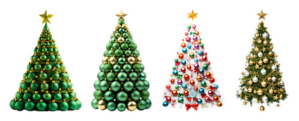 Four Different Decorated Christmas Trees With Stars Are Displayed On A Transparent Background Some Are Made Of Ornaments