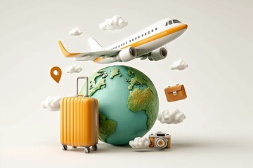 3D Illustration of Airplane Flying Around Globe with Luggage, Camera, and Pins Icons in Minimal Style.
