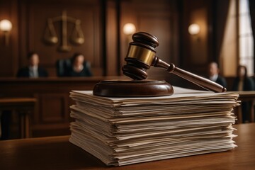 A judge's gavel rests on a stack of legal documents in a courtroom setting.