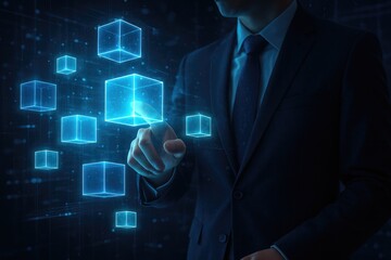 Businessman interacting with digital blockchain technology interface concept.