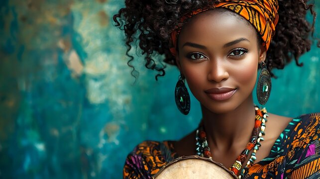 Portrait of woman in traditional African attire holding drum. Rich colors and heritage. Honoring African roots and cultural pride. African American Heritage Month celebration