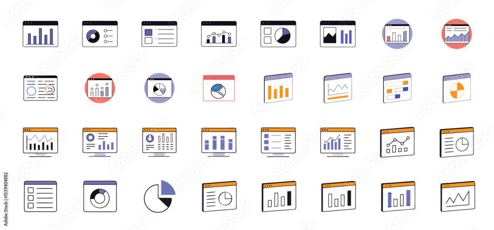 Poster a collection of vector icons depicting diverse charts graphs and data visualization elements for bus