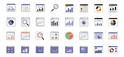 Collection of illustrated data analysis icons representing financial growth and business strategies for informative presentations