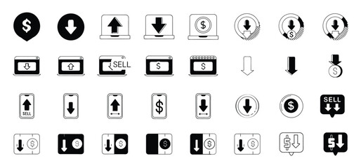 A collection of financial icons depicting concepts like sales, financial transactions, and market trends with arrows indicating direction.