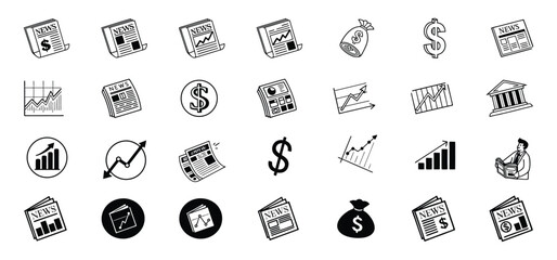 A collection of financial and economic icons depicting growth newspaper business and investment symbols in black