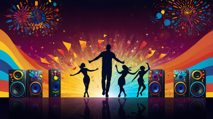 Vibrant Party Scene Silhouettes Dancing Against Festive Fireworks and Colorful Background