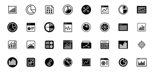 A collection of various business and financial data visualization icons for analysis and presentation purposes