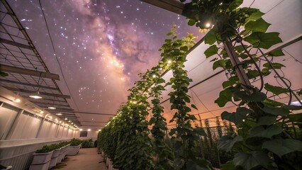 Night Sky over Greenhouse Plants under Milky Way Galaxy Stars