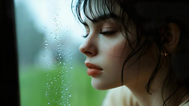 A woman looking out the window with rain on her face
