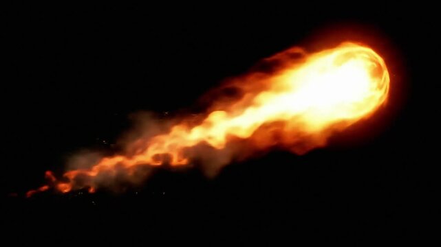 Realistic fire ball spell with trail footage, vfx fire projectile for compositing on black, fantasy game magic fire.