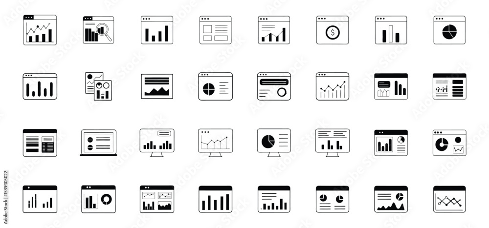 Poster collection of modern business and financial analytics icons representing statistics and data visuali