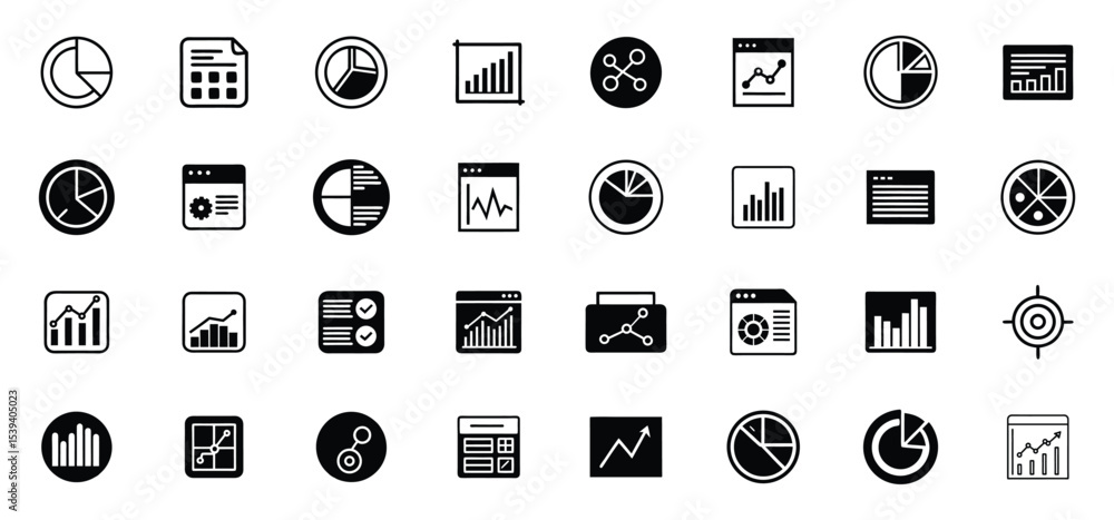 Poster collection of modern business charts and graphs icon set depicting data analysis and information for