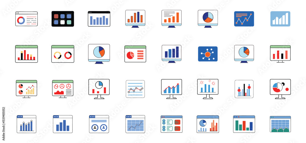Poster collection of various data analytics icons for business strategy reports and financial presentation 