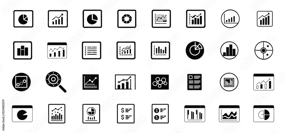 Poster collection of vector icons representing diverse financial charts data analysis and business statisti
