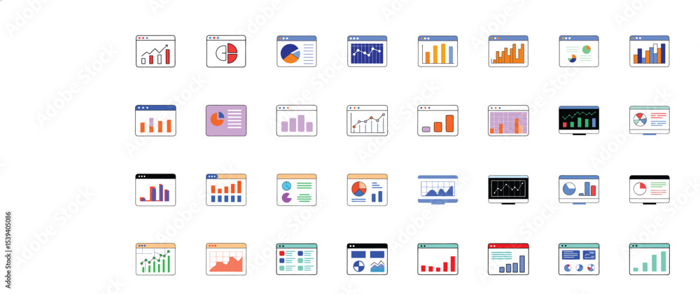 Poster colorful icons representing financial data charts and business graphs in a set of web browser window
