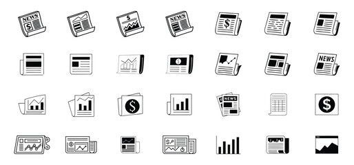 Collection of hand drawn news icon illustrations featuring financial reports and economic information elements