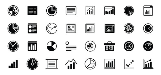 Collection of minimalist black and white business and finance icon set representing data analysis and statistics