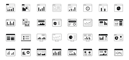 Collection of modern business and financial analytics icons representing statistics and data visualization charts and graphs